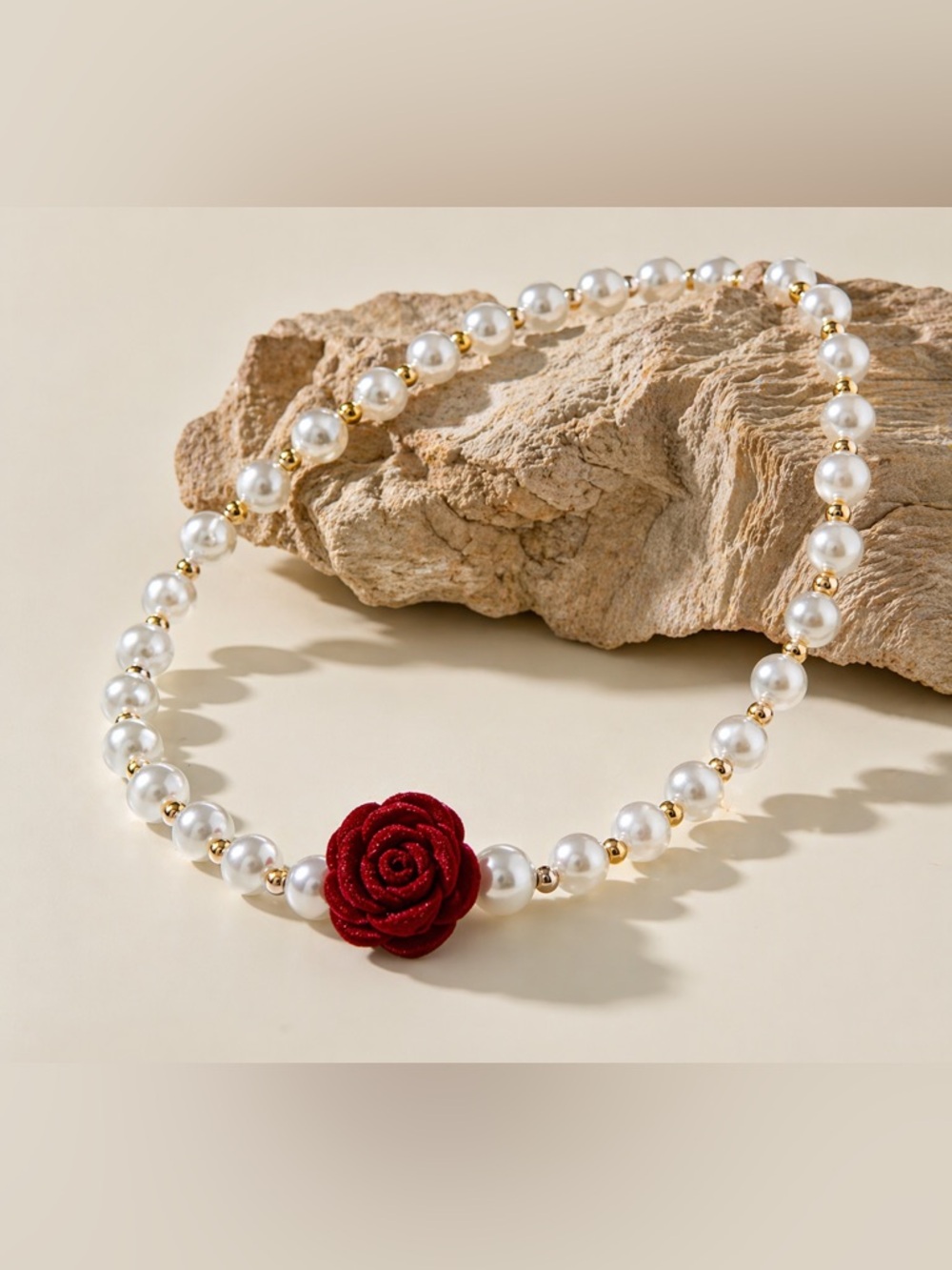 Pearl Beaded Necklace with Red Rose Charm | Gold Accent Choker | Romantic